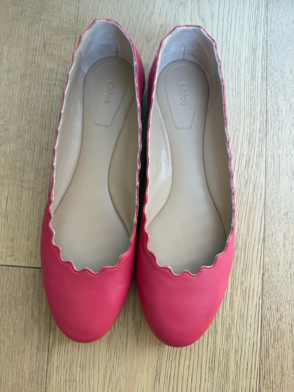 Chloe Lauren Scalloped Leather Ballet Flats Tawny Red Womens 38 or 7.5US